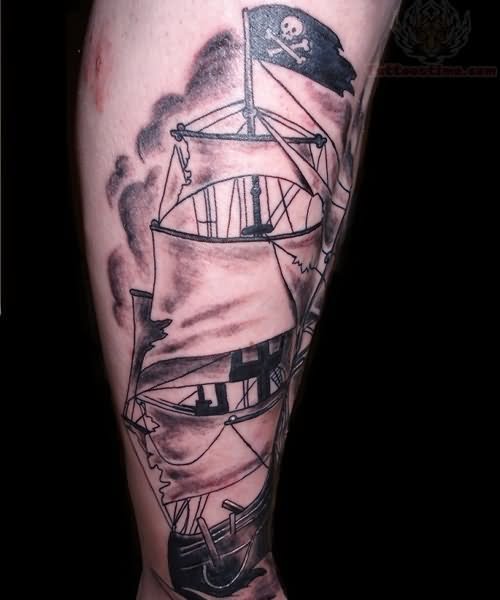 Leg Pirate Jolly Roger Ship Tattoo